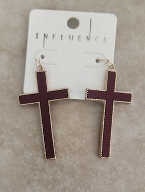 Influence Women's Burgundy Cross Drop Earrings with Gold Trim